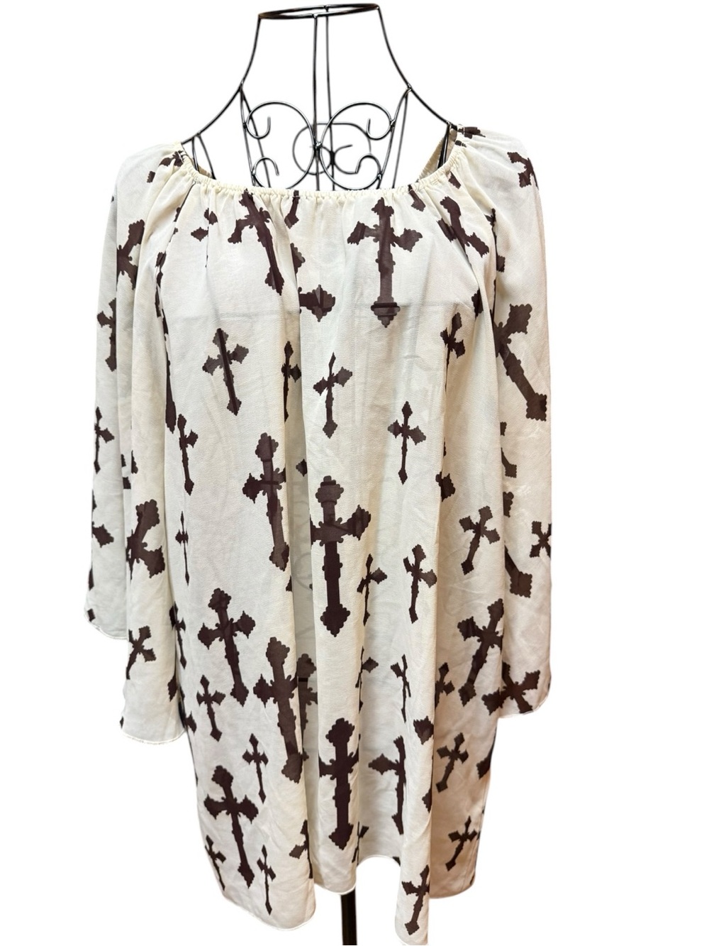Cowgirl Hardware Boho Off-Shoulder Cream Tunic with Brown Cross Print western